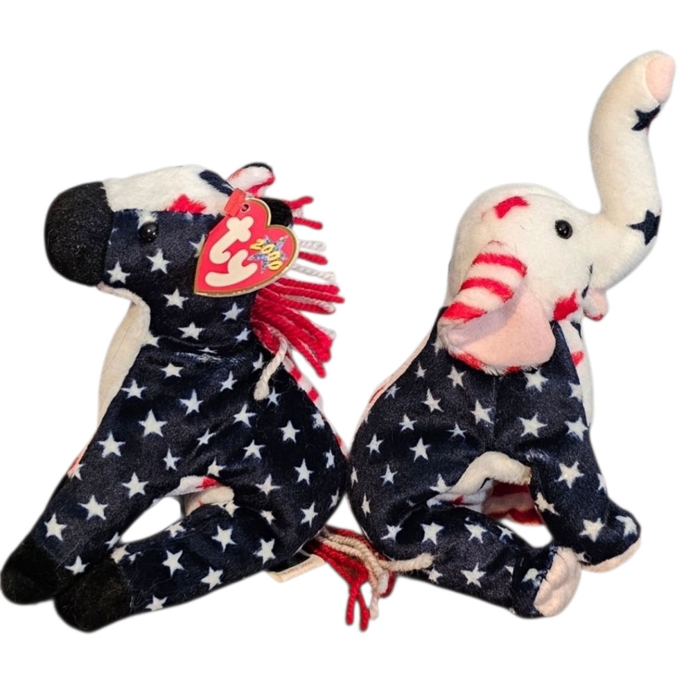 Ty Beanie Baby Lefty Donkey and Righty Elephant 2000 Retired, New, Original Tags